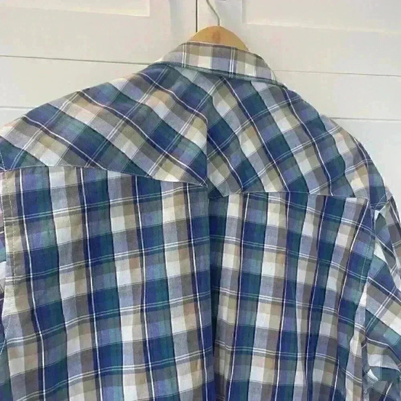 Wrangler WRancher Shirt Mens XL Plaid Pearl Snap Short Sleeve Flap Pockets Blue - Picture 9 of 13